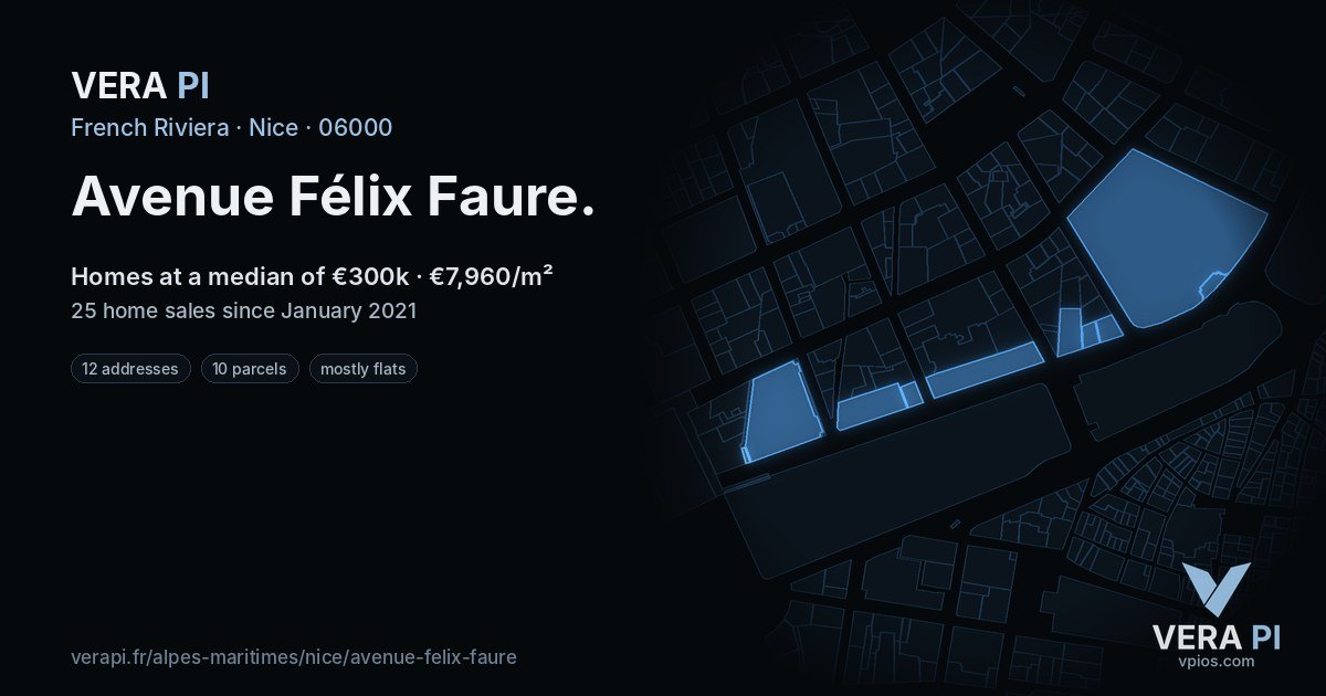 Avenue Félix Faure, Nice at night – every parcel coloured by the prices around it, the street's own parcels lit