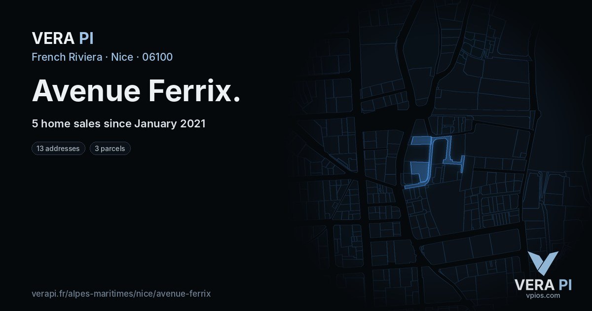 Avenue Ferrix, Nice at night – every parcel coloured by the prices around it, the street's own parcels lit