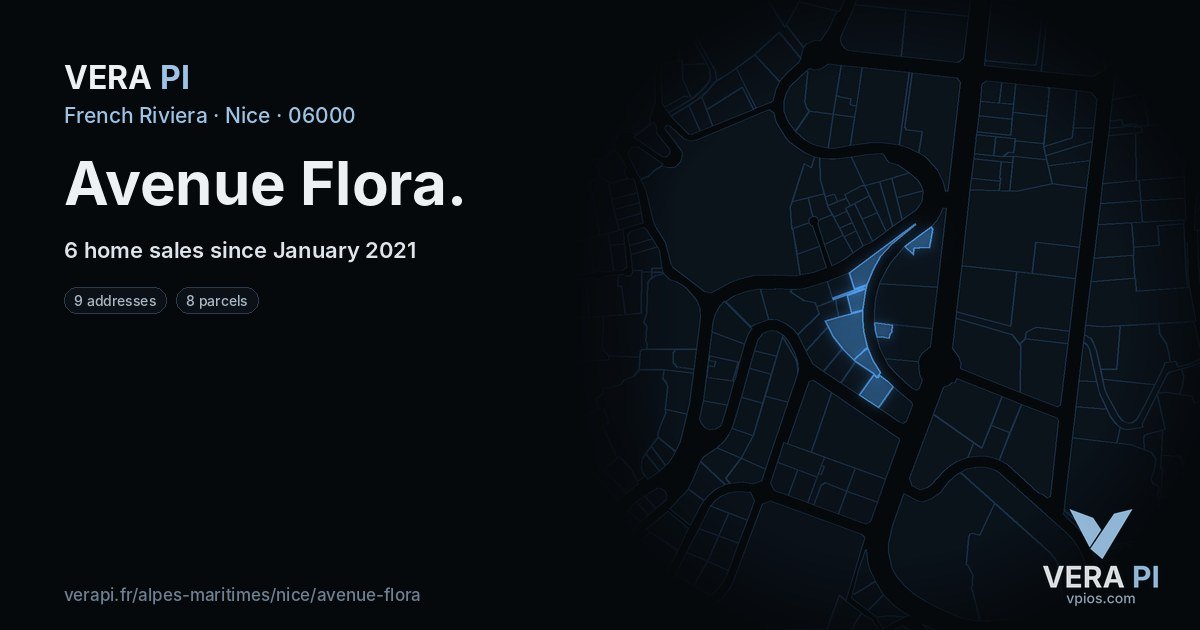 Avenue Flora, Nice at night – every parcel coloured by the prices around it, the street's own parcels lit