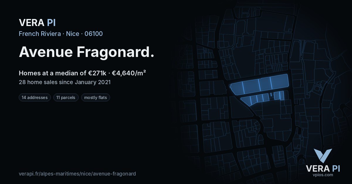 Avenue Fragonard, Nice at night – every parcel coloured by the prices around it, the street's own parcels lit