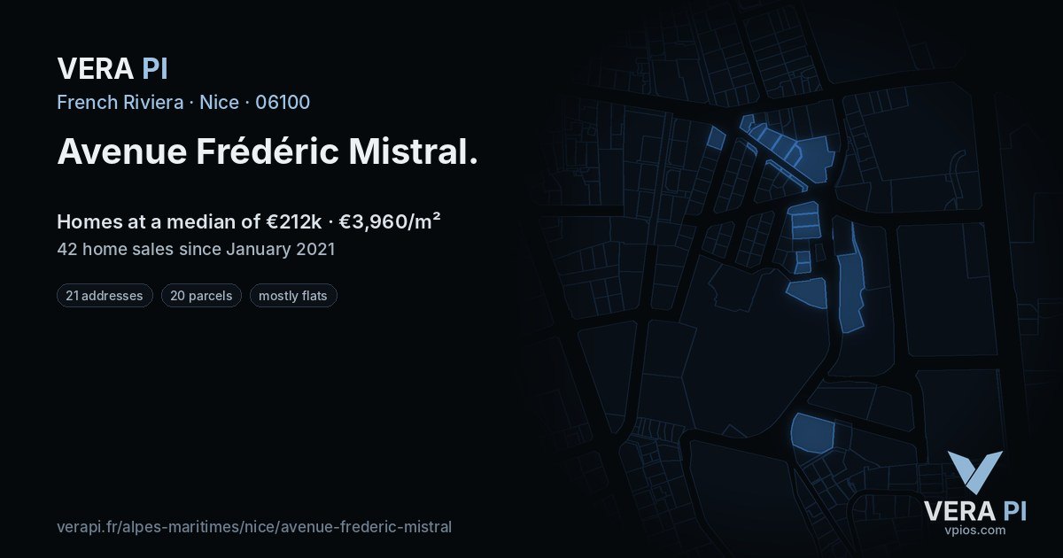 Avenue Frédéric Mistral, Nice at night – every parcel coloured by the prices around it, the street's own parcels lit