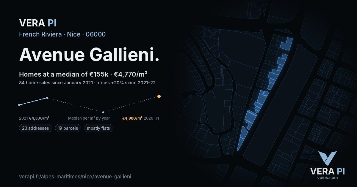 Avenue Gallieni, Nice at night – every parcel coloured by the prices around it, the street's own parcels lit