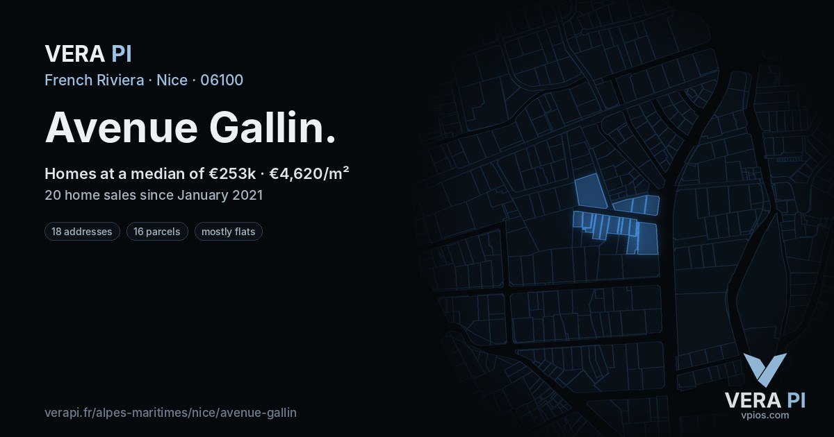Avenue Gallin, Nice at night – every parcel coloured by the prices around it, the street's own parcels lit