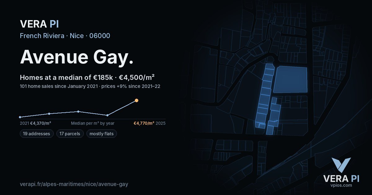 Avenue Gay, Nice at night – every parcel coloured by the prices around it, the street's own parcels lit