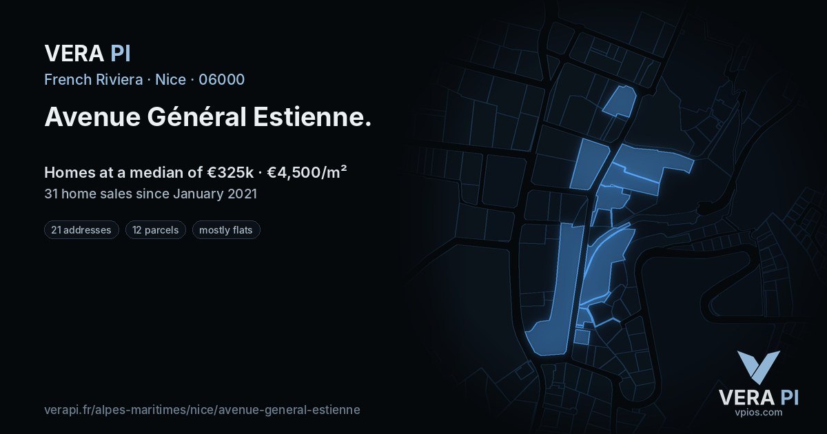 Avenue Général Estienne, Nice at night – every parcel coloured by the prices around it, the street's own parcels lit