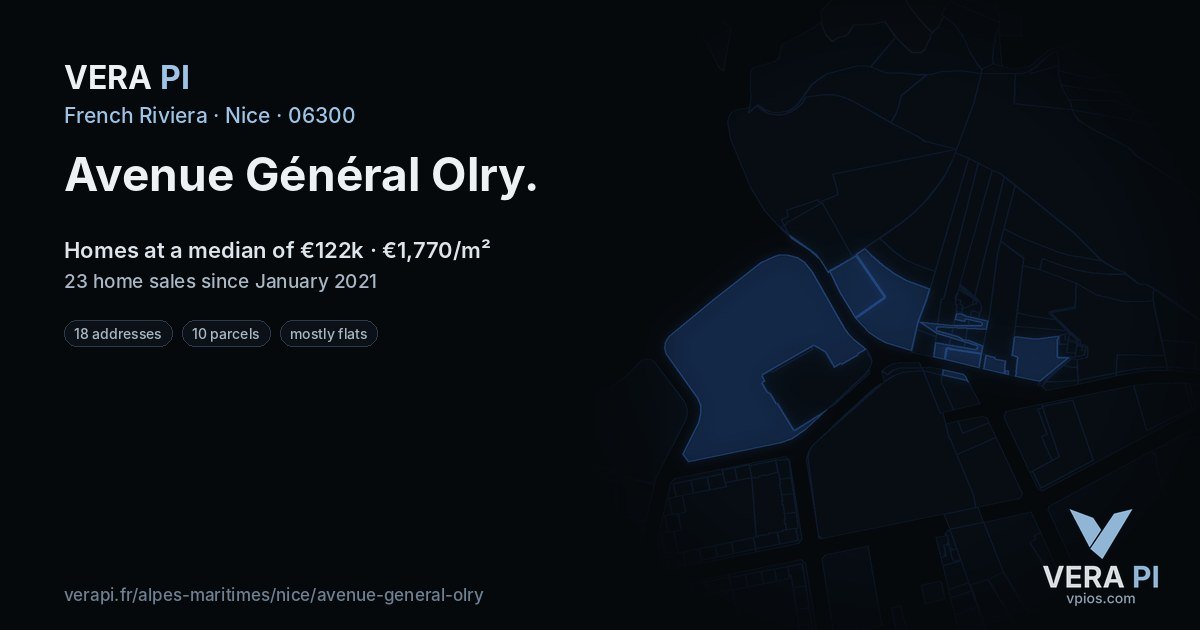 Avenue Général Olry, Nice at night – every parcel coloured by the prices around it, the street's own parcels lit