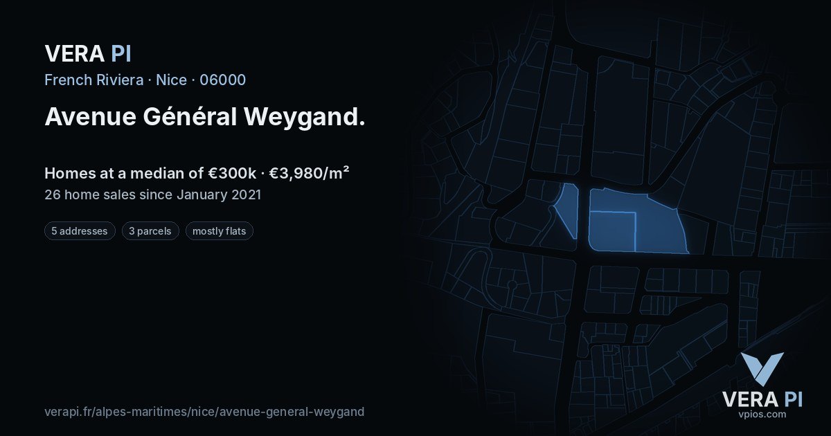 Avenue Général Weygand, Nice at night – every parcel coloured by the prices around it, the street's own parcels lit