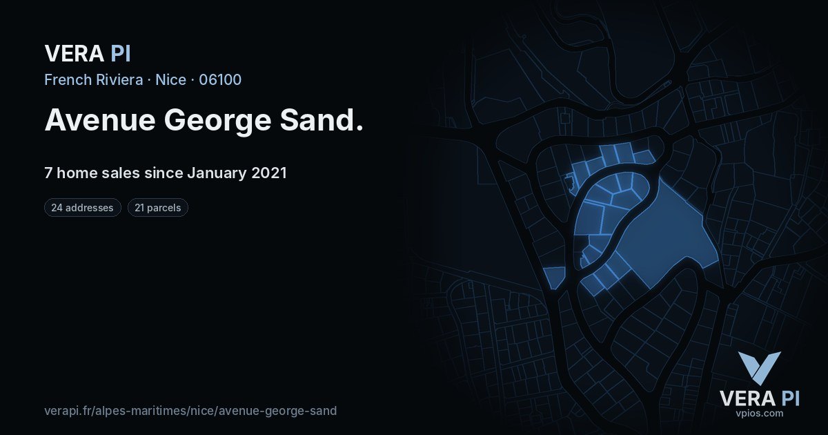 Avenue George Sand, Nice at night – every parcel coloured by the prices around it, the street's own parcels lit