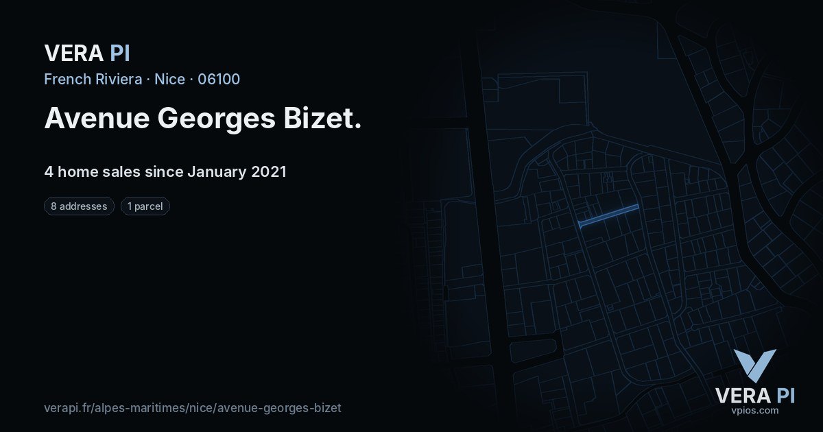 Avenue Georges Bizet, Nice at night – every parcel coloured by the prices around it, the street's own parcels lit