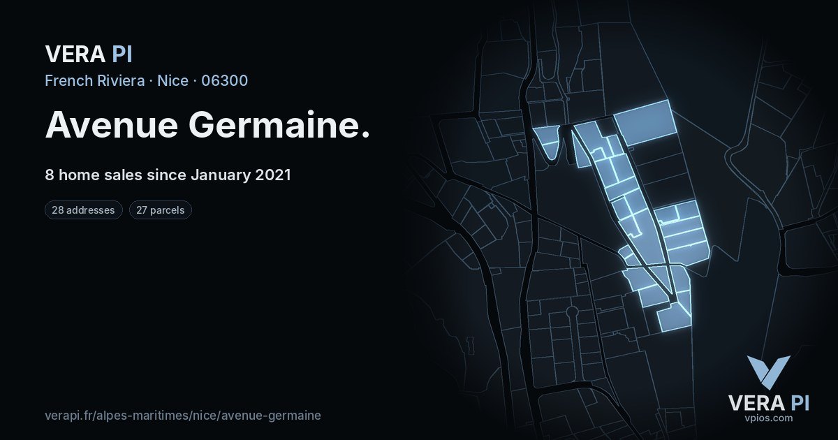 Avenue Germaine, Nice at night – every parcel coloured by the prices around it, the street's own parcels lit