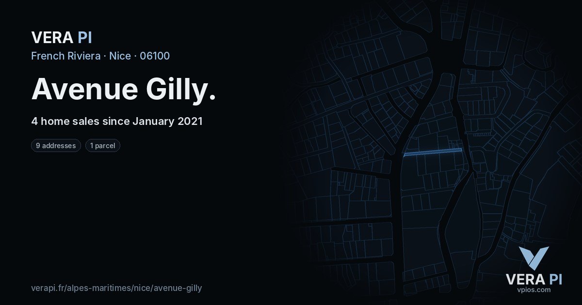 Avenue Gilly, Nice at night – every parcel coloured by the prices around it, the street's own parcels lit