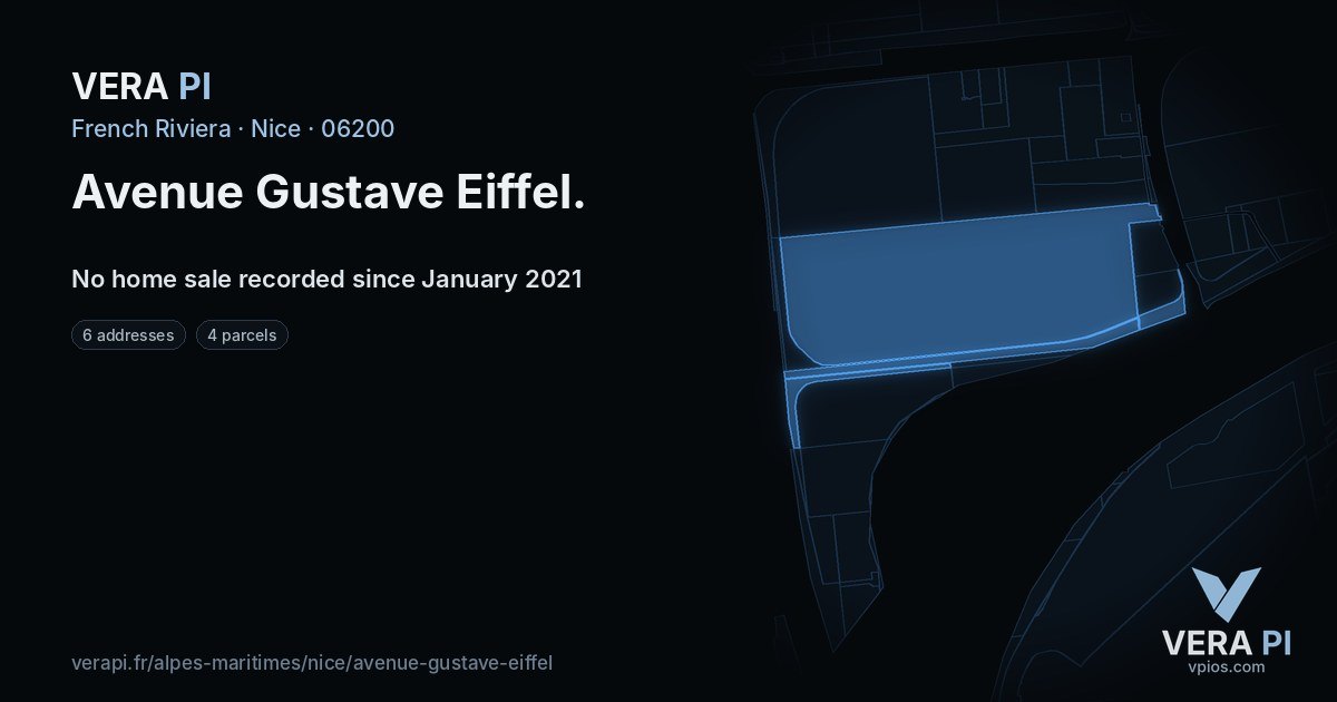 Avenue Gustave Eiffel, Nice at night – every parcel coloured by the prices around it, the street's own parcels lit