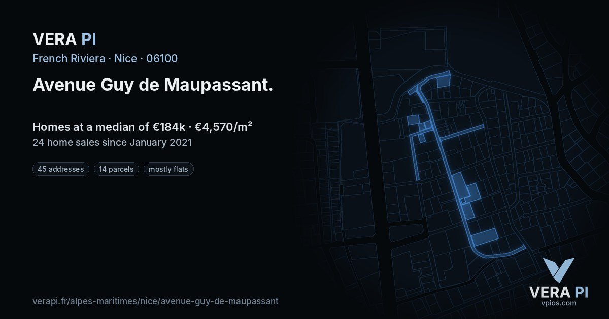 Avenue Guy de Maupassant, Nice at night – every parcel coloured by the prices around it, the street's own parcels lit