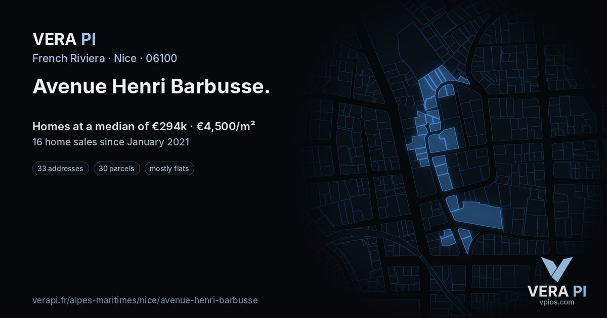 Avenue Henri Barbusse, Nice at night – every parcel coloured by the prices around it, the street's own parcels lit