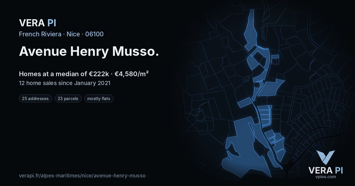 Avenue Henry Musso, Nice at night – every parcel coloured by the prices around it, the street's own parcels lit