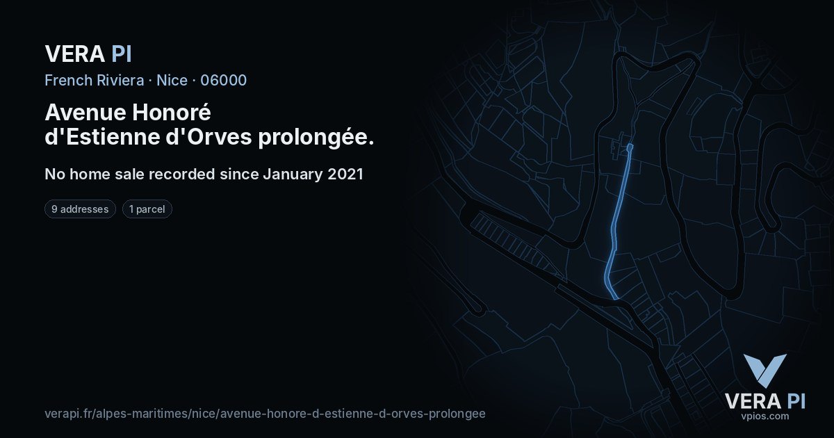 Avenue Honoré d'Estienne d'Orves prolongée, Nice at night – every parcel coloured by the prices around it, the street's own parcels lit