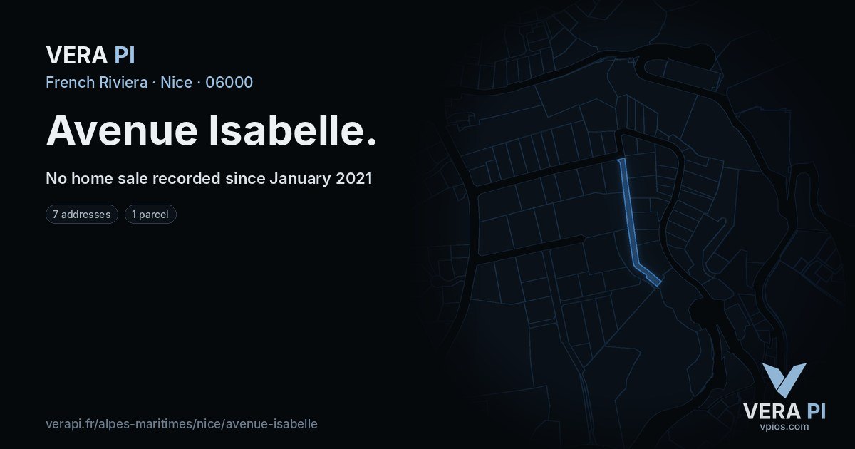 Avenue Isabelle, Nice at night – every parcel coloured by the prices around it, the street's own parcels lit
