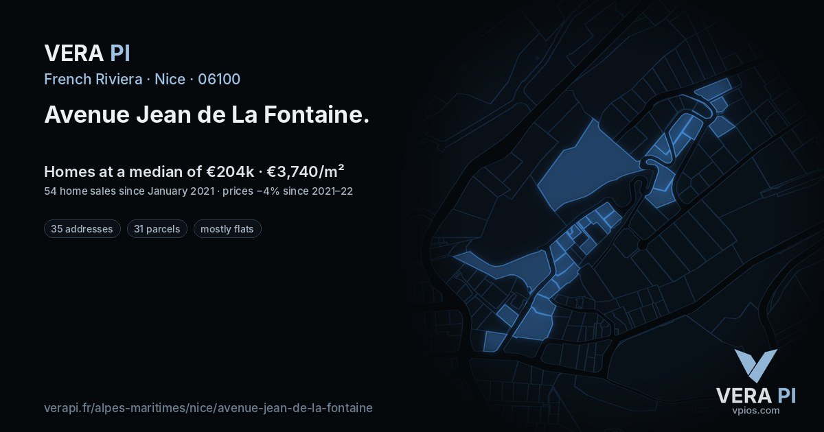 Avenue Jean de La Fontaine, Nice at night – every parcel coloured by the prices around it, the street's own parcels lit