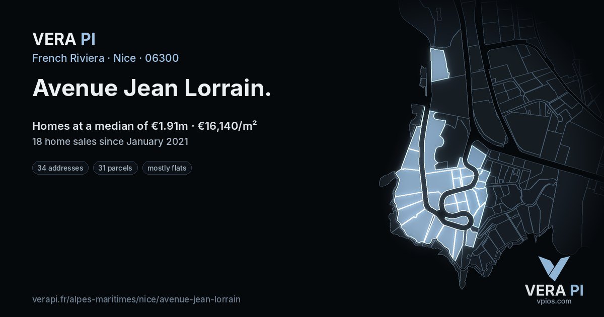 Avenue Jean Lorrain, Nice at night – every parcel coloured by the prices around it, the street's own parcels lit