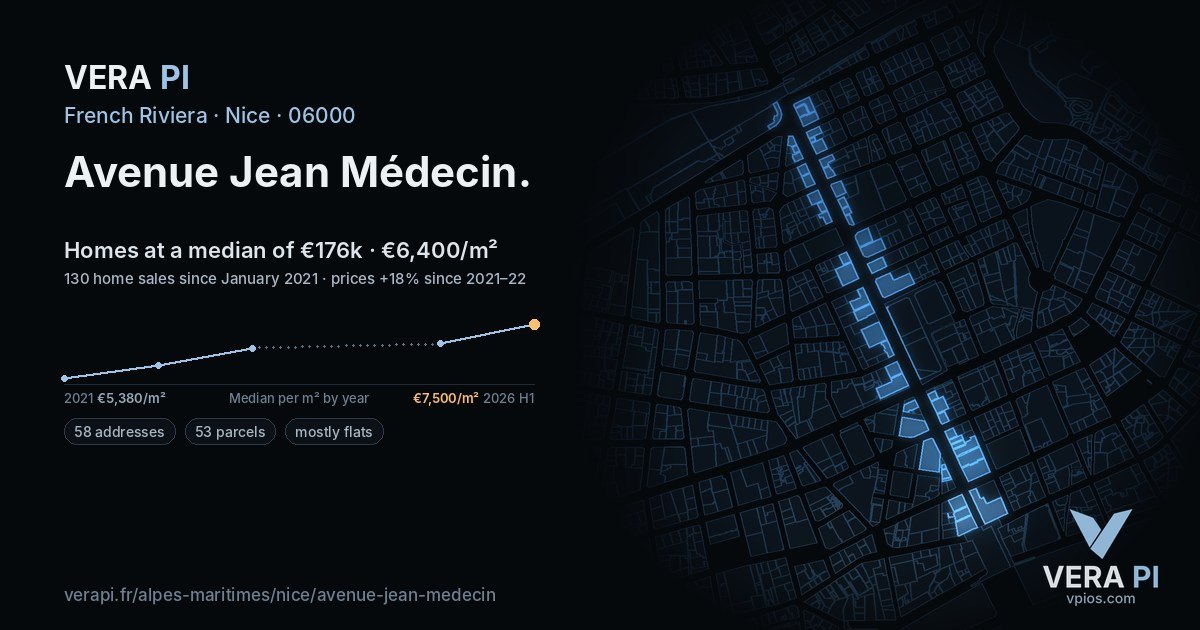 Avenue Jean Médecin, Nice at night – every parcel coloured by the prices around it, the street's own parcels lit