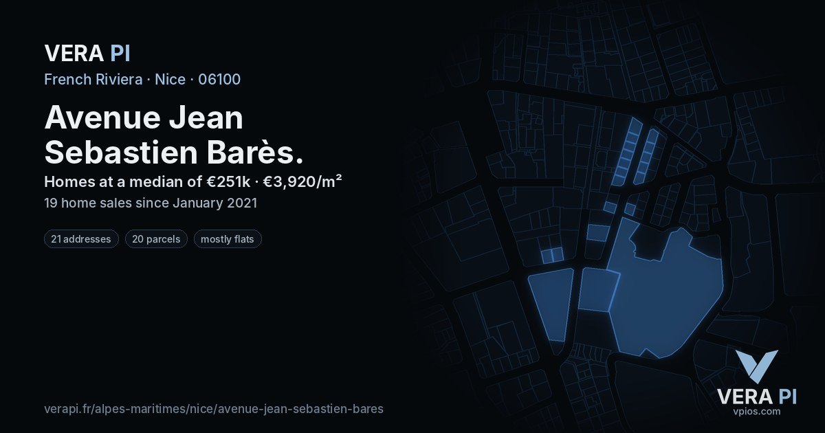 Avenue Jean Sebastien Barès, Nice at night – every parcel coloured by the prices around it, the street's own parcels lit