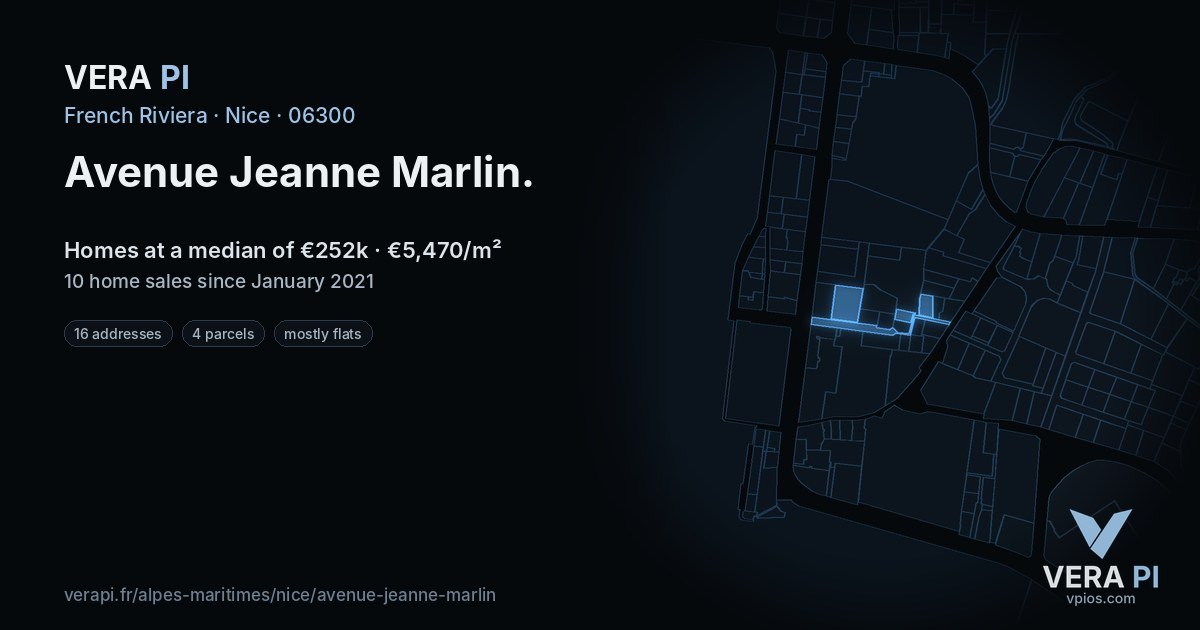 Avenue Jeanne Marlin, Nice at night – every parcel coloured by the prices around it, the street's own parcels lit