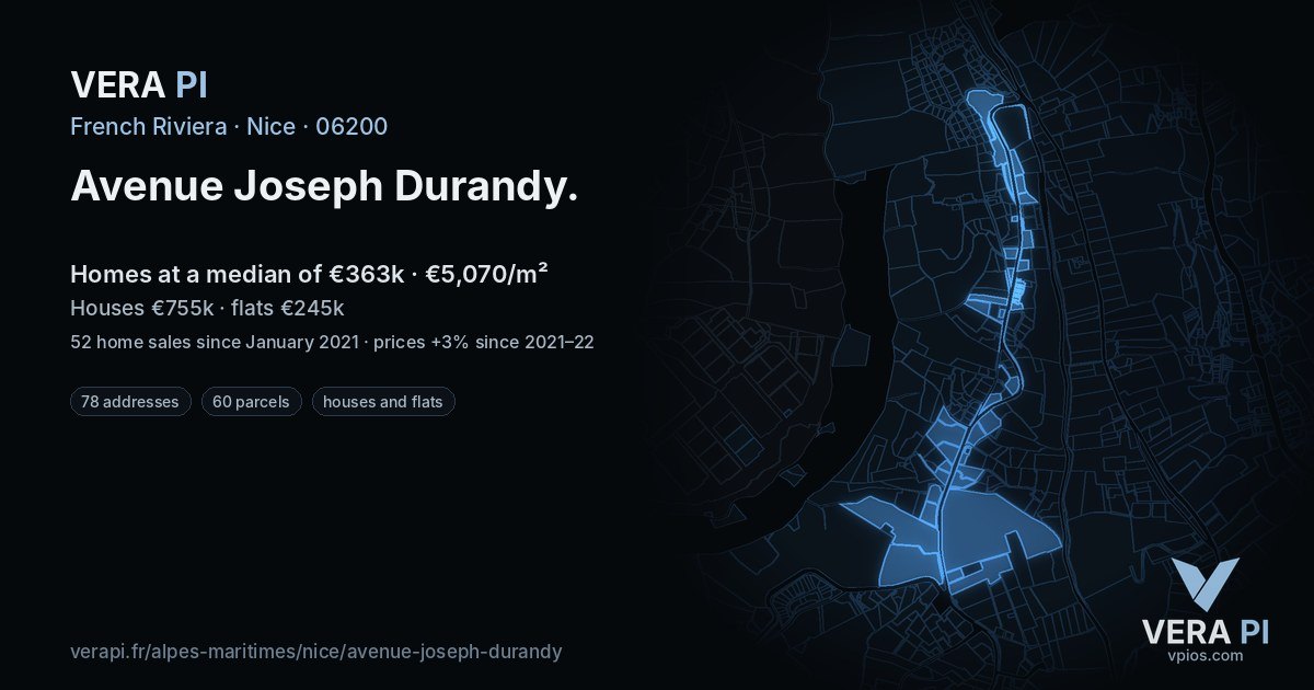 Avenue Joseph Durandy, Nice at night – every parcel coloured by the prices around it, the street's own parcels lit