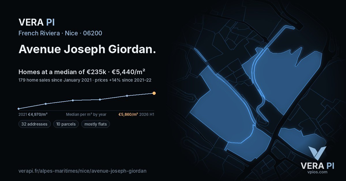 Avenue Joseph Giordan, Nice at night – every parcel coloured by the prices around it, the street's own parcels lit