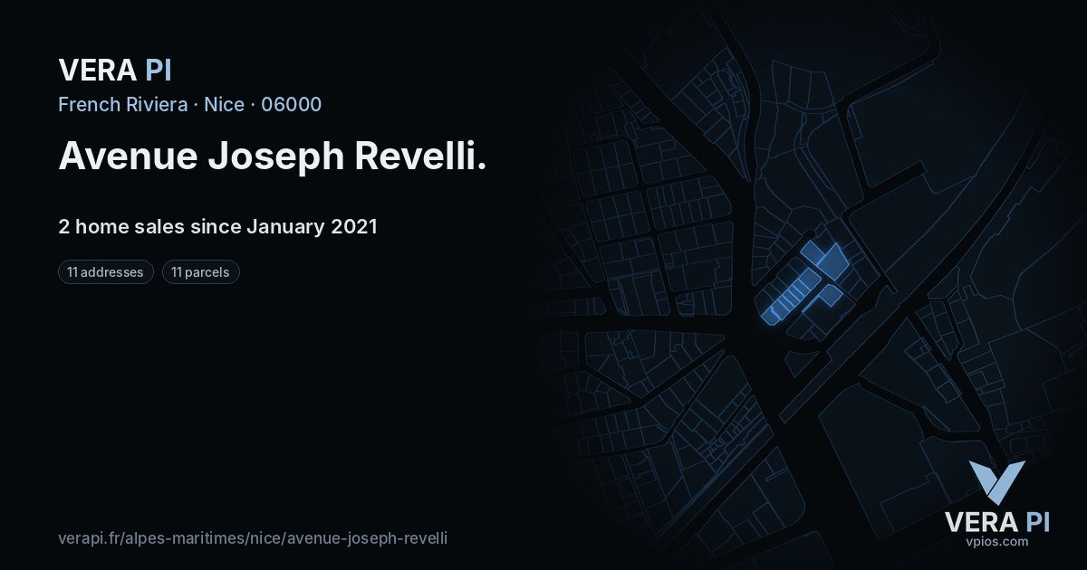 Avenue Joseph Revelli, Nice at night – every parcel coloured by the prices around it, the street's own parcels lit