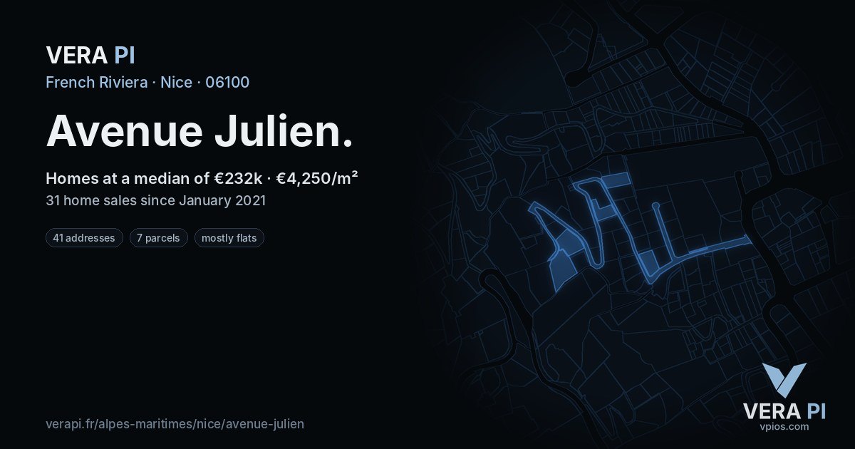 Avenue Julien, Nice at night – every parcel coloured by the prices around it, the street's own parcels lit