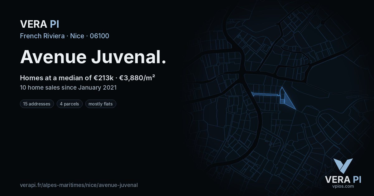 Avenue Juvenal, Nice at night – every parcel coloured by the prices around it, the street's own parcels lit