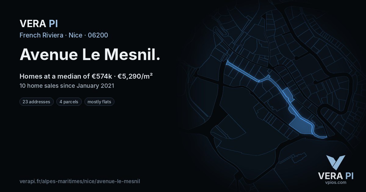 Avenue Le Mesnil, Nice at night – every parcel coloured by the prices around it, the street's own parcels lit