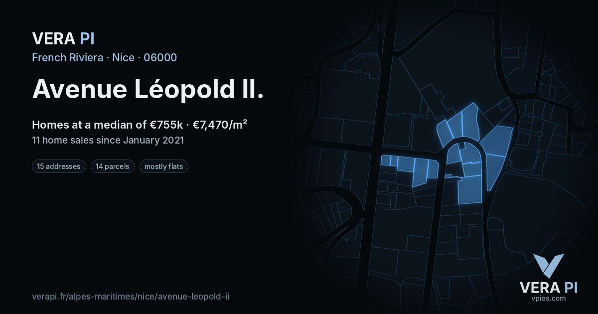 Avenue Léopold II, Nice at night – every parcel coloured by the prices around it, the street's own parcels lit