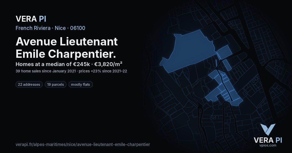 Avenue Lieutenant Emile Charpentier, Nice at night – every parcel coloured by the prices around it, the street's own parcels lit