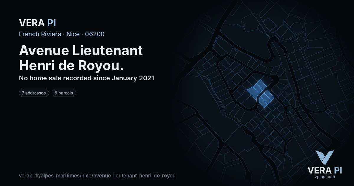 Avenue Lieutenant Henri de Royou, Nice at night – every parcel coloured by the prices around it, the street's own parcels lit