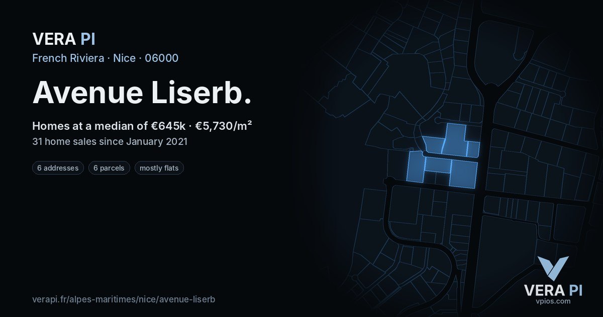 Avenue Liserb, Nice at night – every parcel coloured by the prices around it, the street's own parcels lit