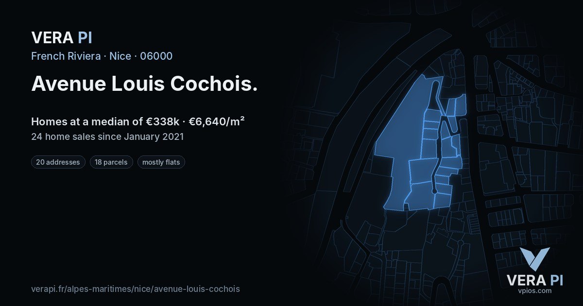 Avenue Louis Cochois, Nice at night – every parcel coloured by the prices around it, the street's own parcels lit