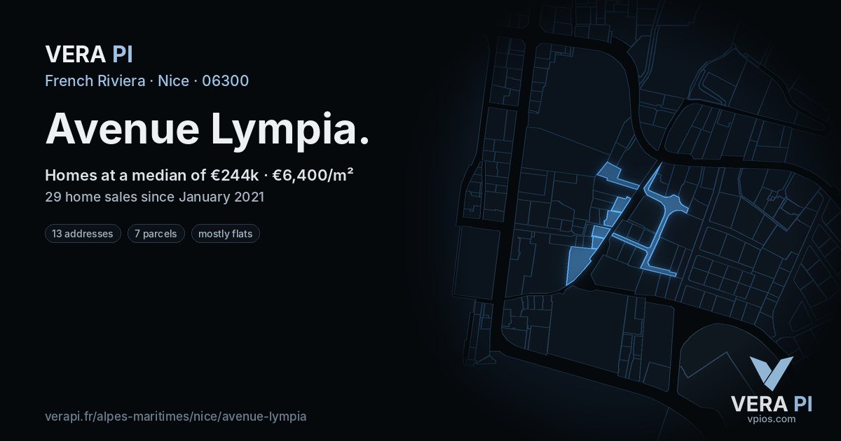 Avenue Lympia, Nice at night – every parcel coloured by the prices around it, the street's own parcels lit