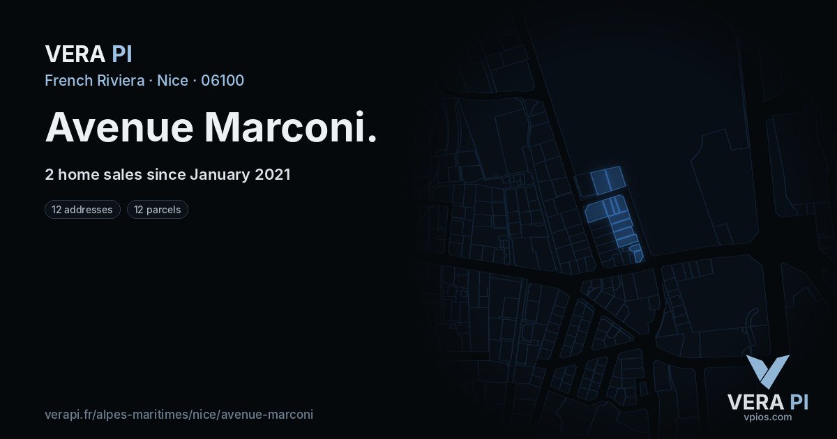 Avenue Marconi, Nice at night – every parcel coloured by the prices around it, the street's own parcels lit
