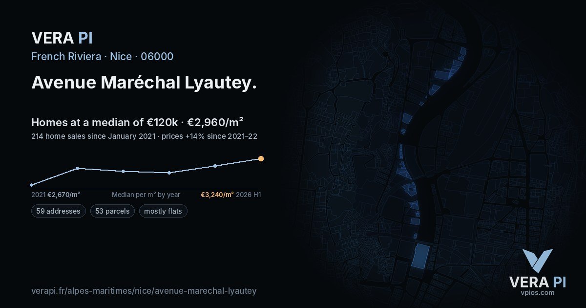 Avenue Maréchal Lyautey, Nice at night – every parcel coloured by the prices around it, the street's own parcels lit