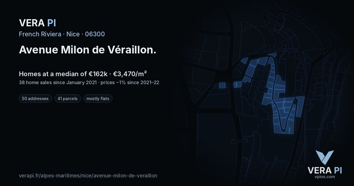 Avenue Milon de Véraillon, Nice at night – every parcel coloured by the prices around it, the street's own parcels lit
