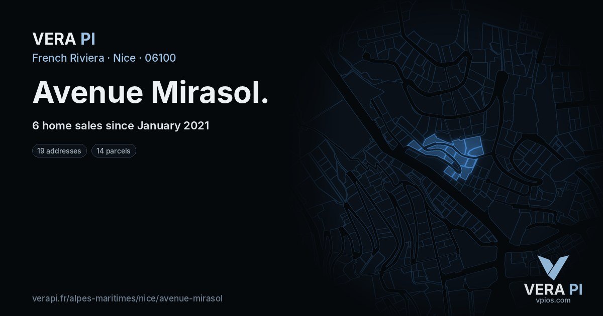 Avenue Mirasol, Nice at night – every parcel coloured by the prices around it, the street's own parcels lit