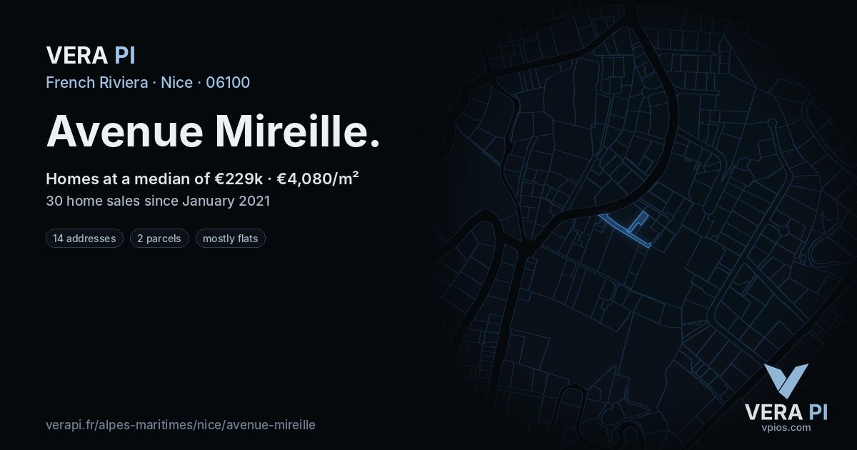 Avenue Mireille, Nice at night – every parcel coloured by the prices around it, the street's own parcels lit