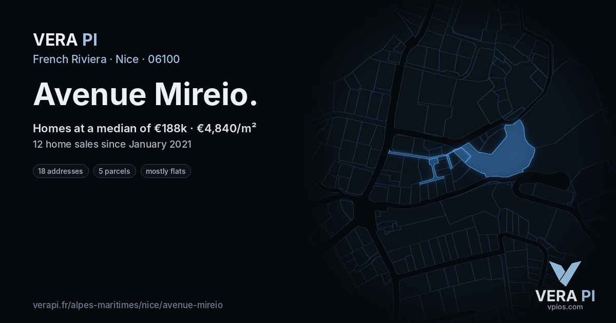 Avenue Mireio, Nice at night – every parcel coloured by the prices around it, the street's own parcels lit