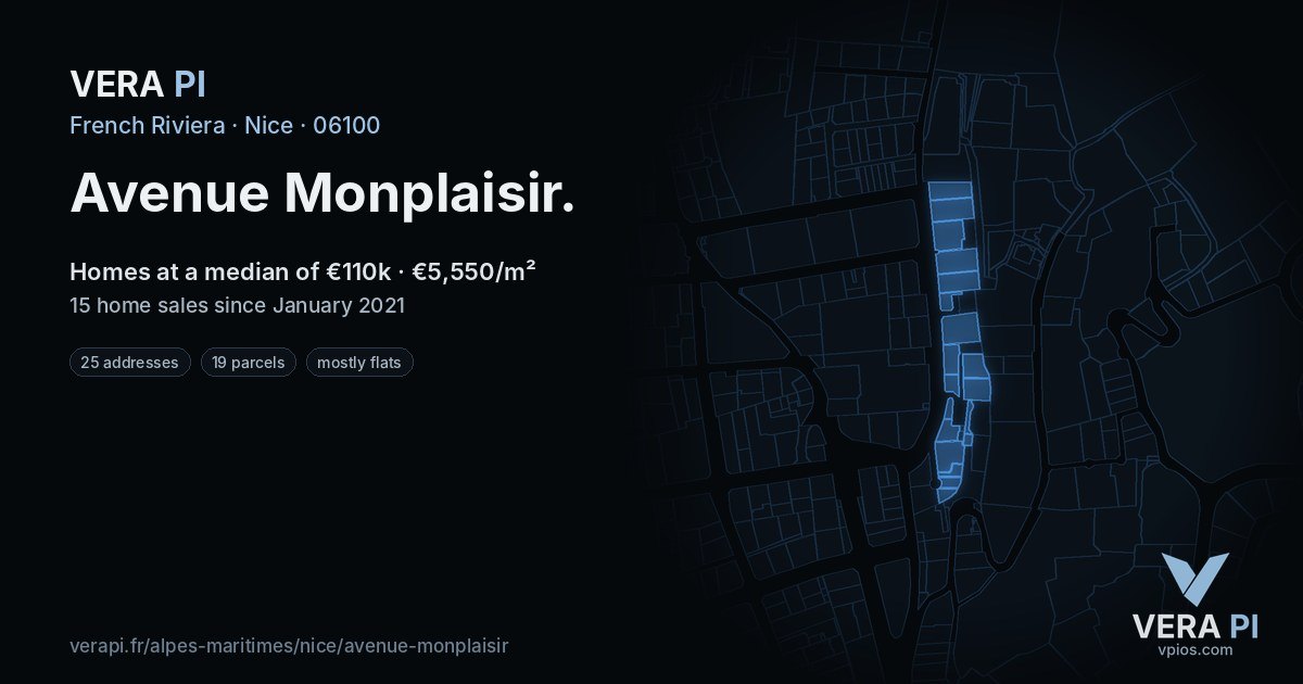 Avenue Monplaisir, Nice at night – every parcel coloured by the prices around it, the street's own parcels lit