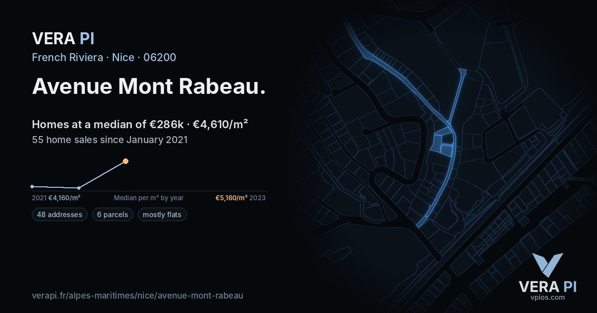 Avenue Mont Rabeau, Nice at night – every parcel coloured by the prices around it, the street's own parcels lit