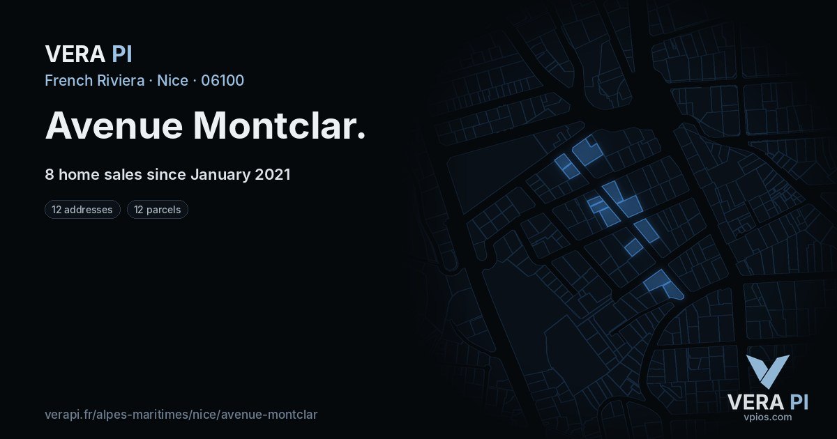 Avenue Montclar, Nice at night – every parcel coloured by the prices around it, the street's own parcels lit