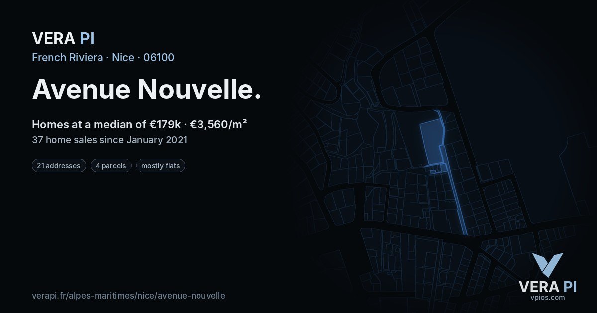 Avenue Nouvelle, Nice at night – every parcel coloured by the prices around it, the street's own parcels lit