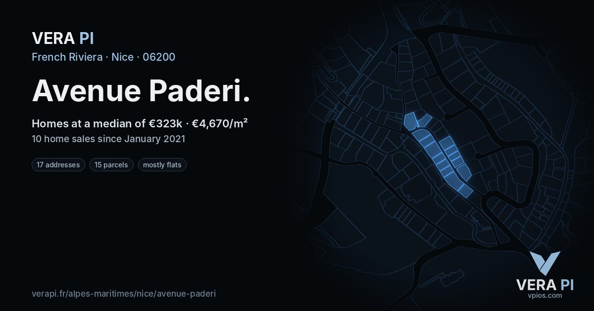 Avenue Paderi, Nice at night – every parcel coloured by the prices around it, the street's own parcels lit