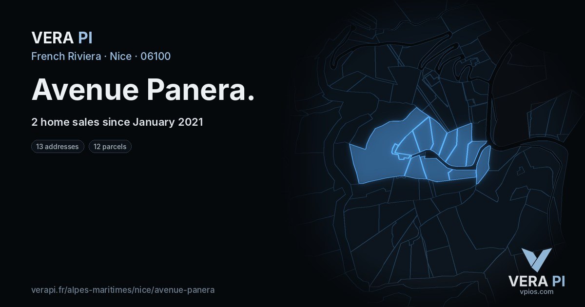 Avenue Panera, Nice at night – every parcel coloured by the prices around it, the street's own parcels lit